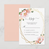 Elegant Pink Peach Peony Gold Geometric Wedding RSVP Kaartje (Voorkant / Achterkant)