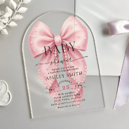 Elegant Pink Pearl Bow Baby Shower Acryl Uitnodigingen