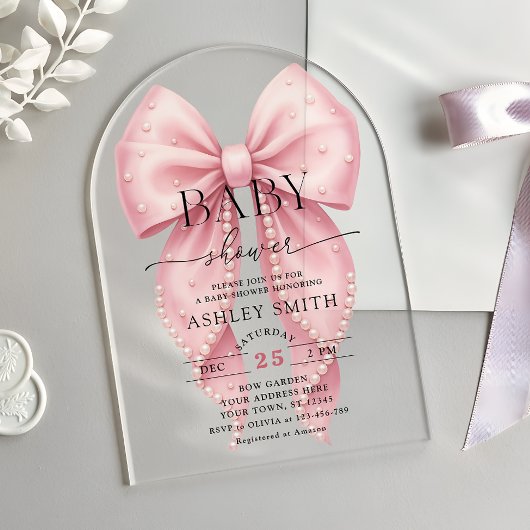 Elegant Pink Pearl Bow Baby Shower Acryl Uitnodigingen