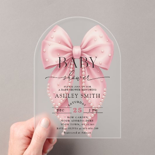 Elegant Pink Pearl Bow Baby Shower Acryl Uitnodigingen (Insitu (Draagbaar))