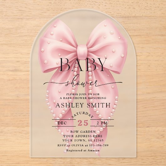 Elegant Pink Pearl Bow Baby Shower Acryl Uitnodigingen (Voorkant)