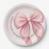 Elegant Pink Pearl Bow Baby Shower Papieren Bordje (Voorkant)