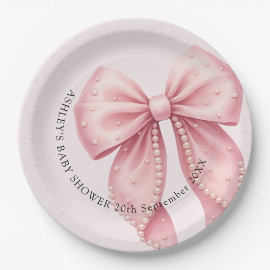 Elegant Pink Pearl Bow Baby Shower Papieren Bordje (Voorkant)