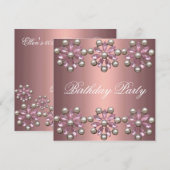 Elegant Pink Pearl & Gem Birthday Uitnodiging (Voorkant / Achterkant)