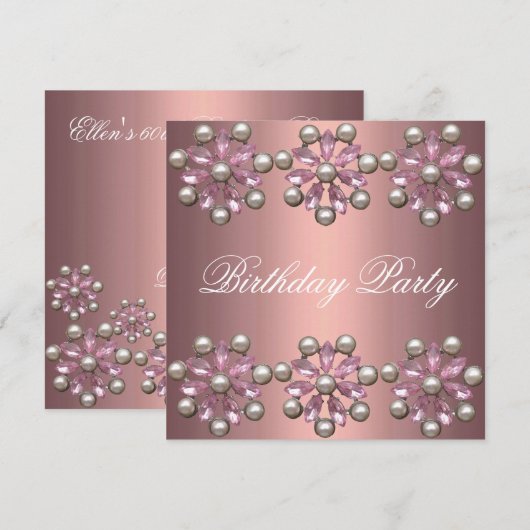 Elegant Pink Pearl & Gem Birthday Uitnodiging (Voorkant / Achterkant)