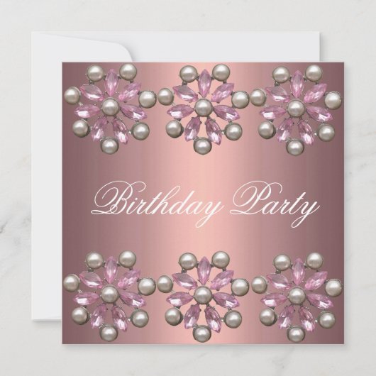 Elegant Pink Pearl & Gem Birthday Uitnodiging (Voorkant)