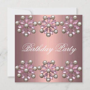 Elegant Pink Pearl & Gem Birthday Uitnodiging
