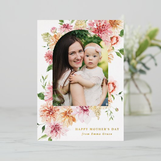 Elegant Pink Peonies 2 Foto Moederdag Folie Feestdagenkaart (Staand Voorkant)