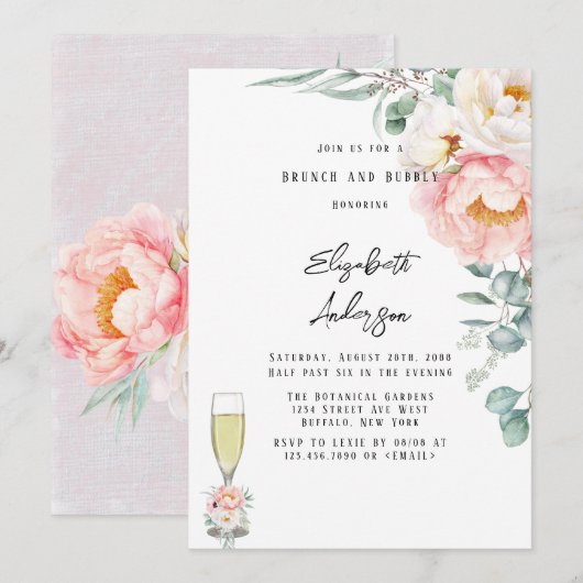 Elegant Pink Peonies Eucalyptus Brunch en Bubble Kaart (Voorkant / Achterkant)