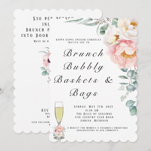 Elegant Pink Peonies Eucalyptus Brunch en Bubble Kaart (Voorkant / Achterkant)