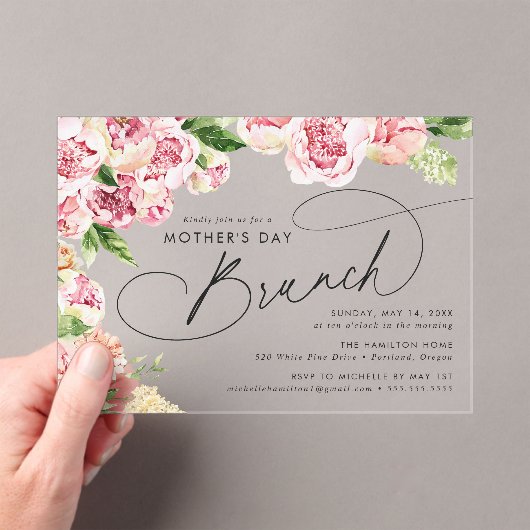Elegant Pink Peonies Moederdag Brunch Acryl Uitnodigingen (Insitu (Draagbaar))