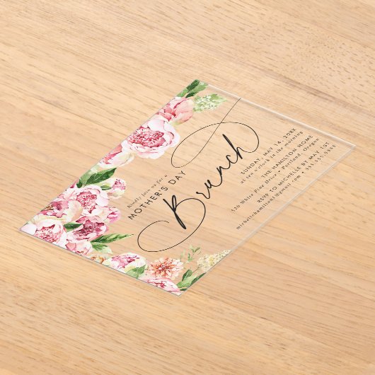 Elegant Pink Peonies Moederdag Brunch Acryl Uitnodigingen (Laagn)