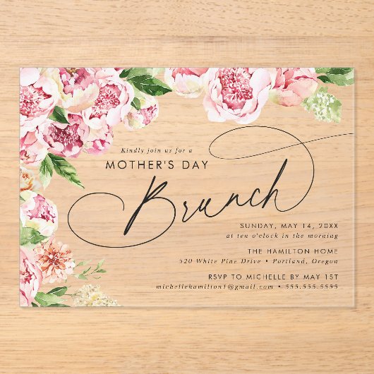 Elegant Pink Peonies Moederdag Brunch Acryl Uitnodigingen (Voorkant)
