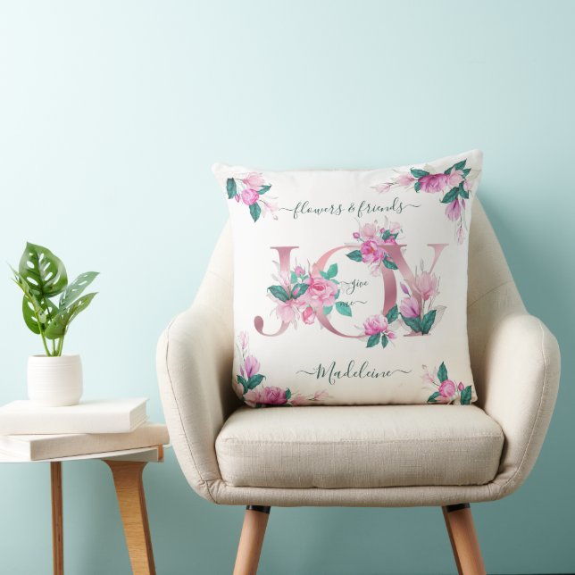 Elegant Pink Peonies Waterverf Joy Letters Kussen (Stoel)