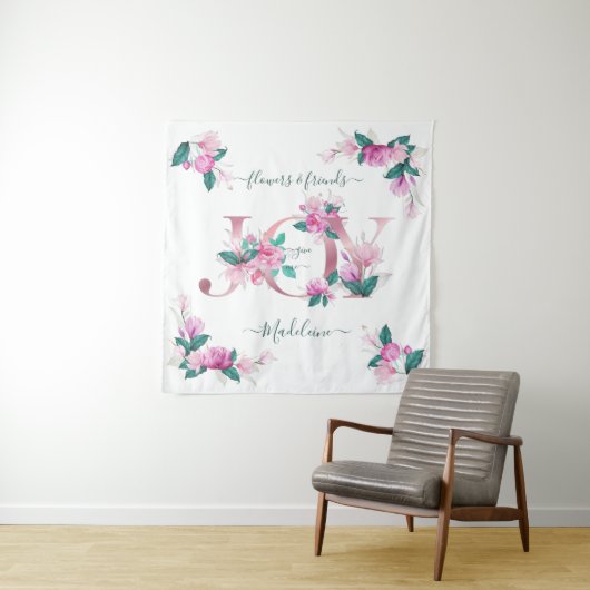 Elegant Pink Peonies Waterverf Joy Letters Wandkleed (In situ)