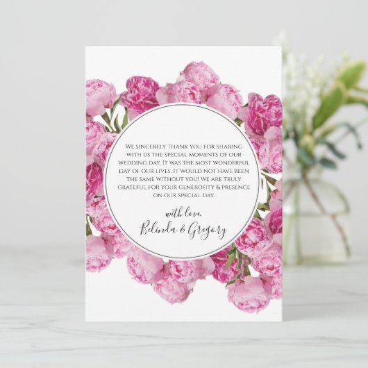 Elegant Pink Peonies Wedding Bedankkaart (Staand voorkant)
