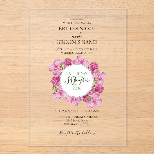 Elegant Pink Peonies Wedding Invitations Acryl Uitnodigingen (Voorkant)