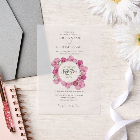 Elegant Pink Peonies Wedding Invitations Vellum Uitnodigingen (Huwelijk)