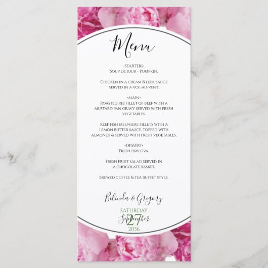 Elegant Pink Peonies Wedding Menu (Voorkant)