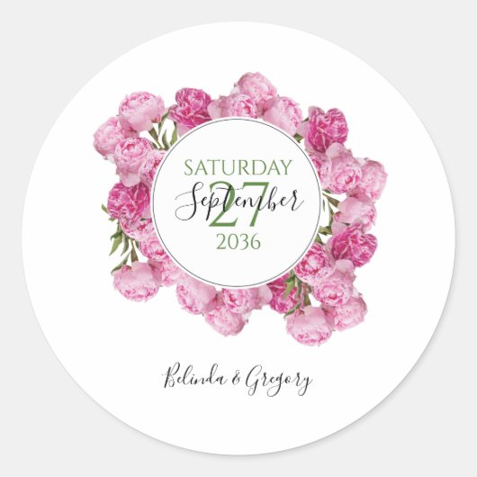 Elegant Pink Peonies Wedding Ronde Sticker (Voorkant)