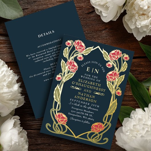 Elegant Pink Peony Art Nouveau Wedding All in One Folie Uitnodiging