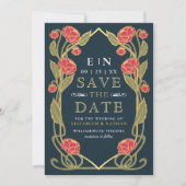 Elegant Pink Peony Art Nouveau Wedding Photo Save The Date (Voorkant)