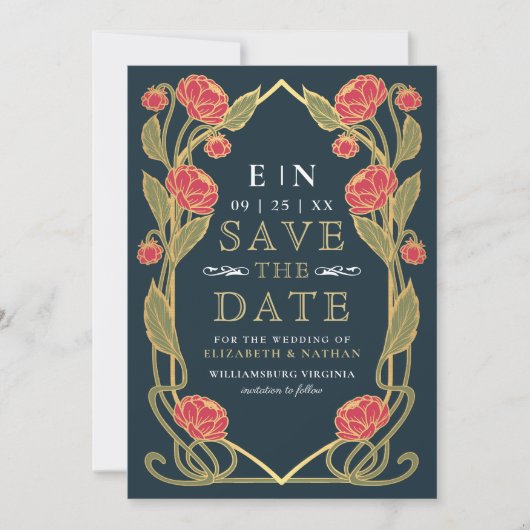 Elegant Pink Peony Art Nouveau Wedding Photo Save The Date (Voorkant)