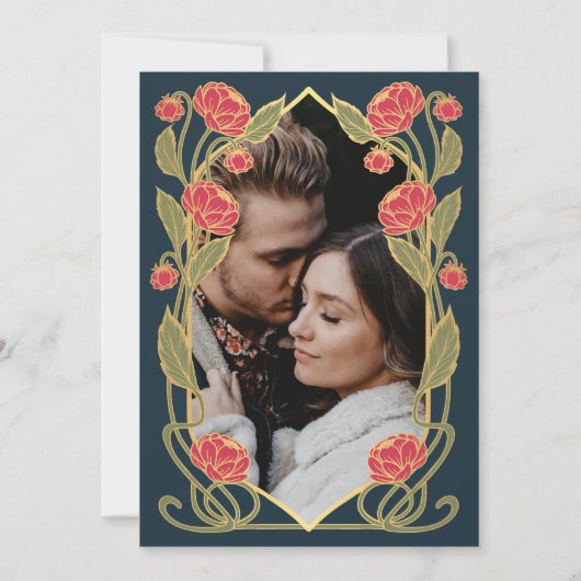 Elegant Pink Peony Art Nouveau Wedding Photo Save The Date (Achterkant)