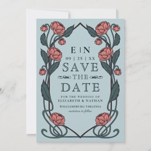 Elegant Pink Peony Art Nouveau Wedding Photo Save The Date (Voorkant)