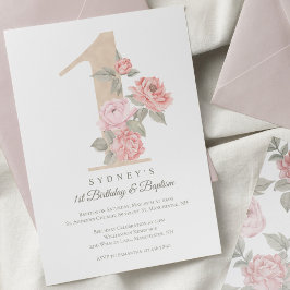 Elegant Pink Peony Baby's eerste verjaardag & Bapt Kaart