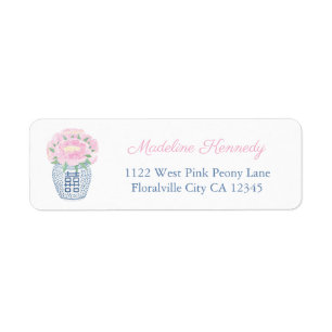Elegant Pink Peony Blue Text Return Address Etiket