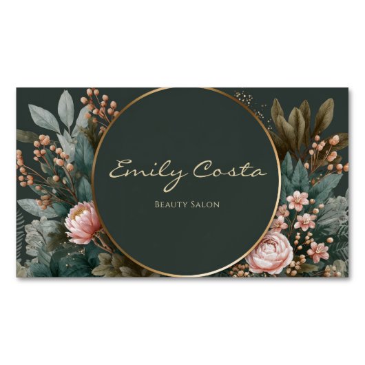 Elegant Pink Peony Botanical Dark Teal Gold Circle Magnetisch Visitekaartje (Voorkant)