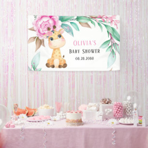 Elegant Pink Peony en een Cute Giraffe Baby shower Spandoek