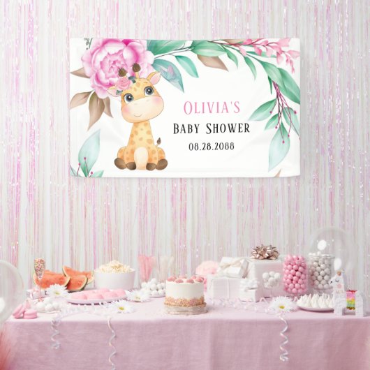 Elegant Pink Peony en een Cute Giraffe Baby shower Spandoek (Feest)