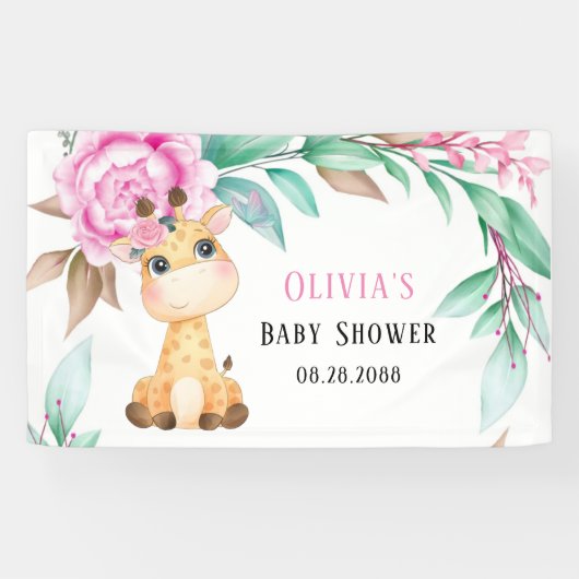 Elegant Pink Peony en een Cute Giraffe Baby shower Spandoek (Horizontaal)