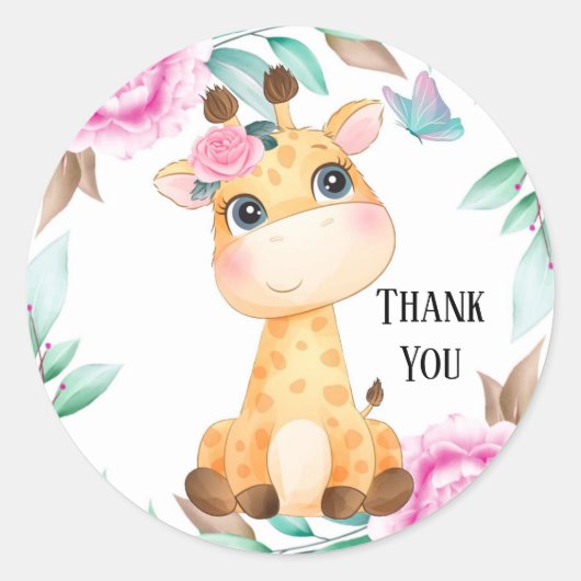 Elegant Pink Peony en een Giraffe Cute Hartelijk d Ronde Sticker (Voorkant)