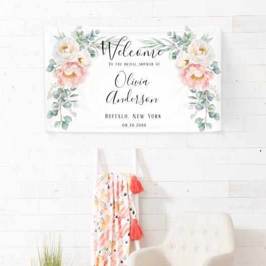 Elegant Pink Peony Eucalyptus Vrijgezellenfeest Spandoek (Insitu)