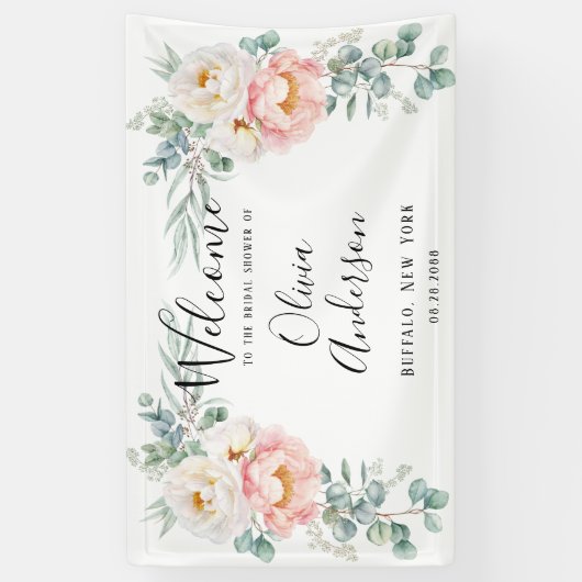 Elegant Pink Peony Eucalyptus Vrijgezellenfeest Spandoek (Verticaal)