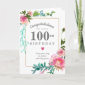 Elegant Pink Peony Floral 100th Birthday Kaart (Voorkant)