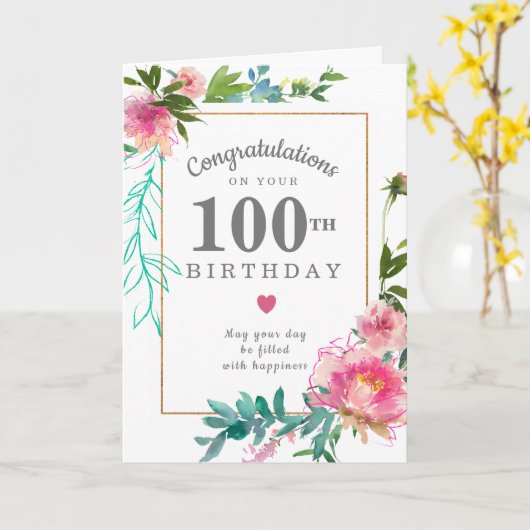 Elegant Pink Peony Floral 100th Birthday Kaart (Gele Bloem)