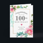 Elegant Pink Peony Floral 100th Birthday Kaart<br><div class="desc">Gefeliciteerd een bijzonder persoon op hun 100e verjaardag met een roze pony floral design. Elegant en kick de pinda's met fijne groene en turkooisbotanische elementen versieren een dun goudlijst. Al tekst kan worden uitgegeven,  zodat kunt u een zeer persoonlijk en zinvol bericht aanpassen.</div>
