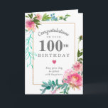 Elegant Pink Peony Floral 100th Birthday Kaart<br><div class="desc">Gefeliciteerd een bijzonder persoon op hun 100e verjaardag met een roze pony floral design. Elegant en kick de pinda's met fijne groene en turkooisbotanische elementen versieren een dun goudlijst. Al tekst kan worden uitgegeven,  zodat kunt u een zeer persoonlijk en zinvol bericht aanpassen.</div>