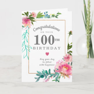 Elegant Pink Peony Floral 100th Birthday Kaart