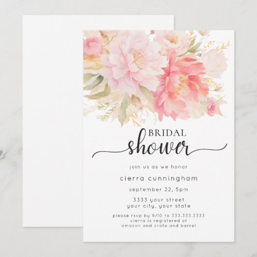 Elegant Pink Peony Floral Vrijgezellenfeest Kaart (Voorkant / Achterkant)