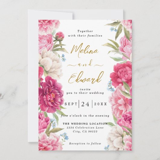 Elegant Pink Peony Florals Wedding Invitation Save The Date (Voorkant)