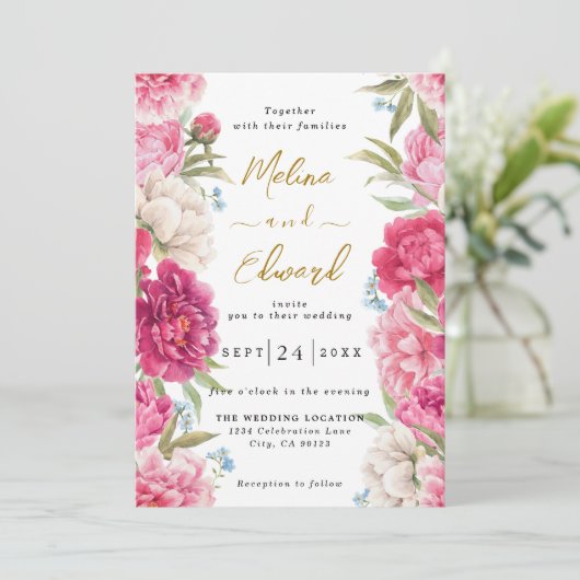 Elegant Pink Peony Florals Wedding Invitation Save The Date (Staand voorkant)