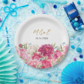 Elegant Pink Peony Florals Wedding Papieren Bordje (Feest)