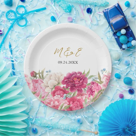 Elegant Pink Peony Florals Wedding Papieren Bordje (Feest)