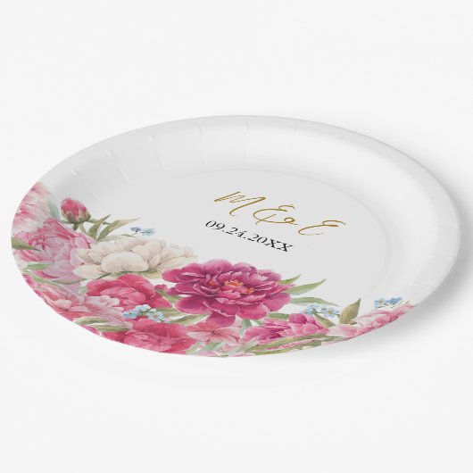 Elegant Pink Peony Florals Wedding Papieren Bordje (Gekanteld)