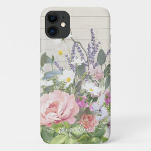 Elegant Pink Peony Lavender Floral Rustial Wood Case-Mate iPhone Case